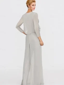 Beach Wedding Two Piece Jumpsuit / Pantsuit Mother of the Bride Formal Wedding Guest Elegant Wrap Included Bateau Neck Floor Length Chiffon 3/4 Length Sleeve with Appliques