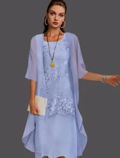 Beach Wedding Two Piece Sheath Mother of the Bride Dress Wedding Guest Elegant Jewel Neck Tea Length Chiffon Lace Sleeveless Jacket Dresses with Appliques free custom size