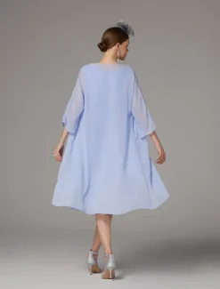 Beach Wedding Two Piece Sheath Mother of the Bride Dress Wedding Guest Elegant Jewel Neck Tea Length Chiffon Lace Sleeveless Jacket Dresses with Appliques free custom size