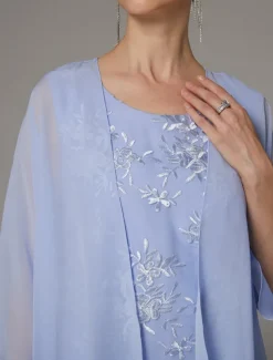 Beach Wedding Two Piece Sheath Mother of the Bride Dress Wedding Guest Elegant Jewel Neck Tea Length Chiffon Lace Sleeveless Jacket Dresses with Appliques free custom size