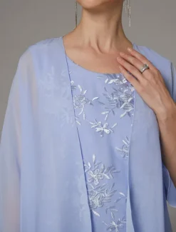 Beach Wedding Two Piece Sheath Mother of the Bride Dress Wedding Guest Elegant Jewel Neck Tea Length Chiffon Lace Sleeveless Jacket Dresses with Appliques free custom size