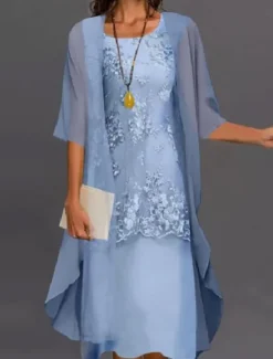 Beach Wedding Two Piece Sheath Mother of the Bride Dress Wedding Guest Elegant Jewel Neck Tea Length Chiffon Lace Sleeveless Jacket Dresses with Appliques free custom size