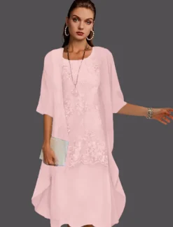 Beach Wedding Two Piece Sheath Mother of the Bride Dress Wedding Guest Elegant Jewel Neck Tea Length Chiffon Lace Sleeveless Jacket Dresses with Appliques free custom size