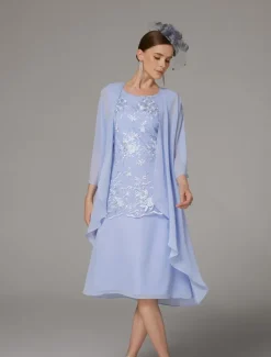 Beach Wedding Two Piece Sheath Mother of the Bride Dress Wedding Guest Elegant Jewel Neck Tea Length Chiffon Lace Sleeveless Jacket Dresses with Appliques free custom size