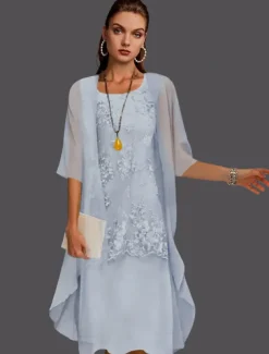 Beach Wedding Two Piece Sheath Mother of the Bride Dress Wedding Guest Elegant Jewel Neck Tea Length Chiffon Lace Sleeveless Jacket Dresses with Appliques free custom size