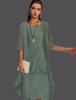 Beach Wedding Two Piece Sheath Mother of the Bride Dress Wedding Guest Elegant Jewel Neck Tea Length Chiffon Lace Sleeveless Jacket Dresses with Appliques free custom size