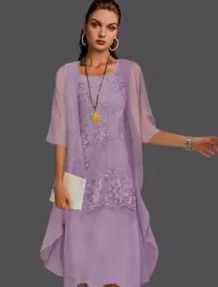 Beach Wedding Two Piece Sheath Mother of the Bride Dress Wedding Guest Elegant Jewel Neck Tea Length Chiffon Lace Sleeveless Jacket Dresses with Appliques free custom size