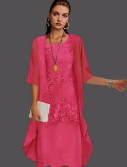 Beach Wedding Two Piece Sheath Mother of the Bride Dress Wedding Guest Elegant Jewel Neck Tea Length Chiffon Lace Sleeveless Jacket Dresses with Appliques free custom size