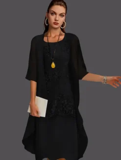 Beach Wedding Two Piece Sheath Mother of the Bride Dress Wedding Guest Elegant Jewel Neck Tea Length Chiffon Lace Sleeveless Jacket Dresses with Appliques free custom size