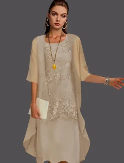 Beach Wedding Two Piece Sheath Mother of the Bride Dress Wedding Guest Elegant Jewel Neck Tea Length Chiffon Lace Sleeveless Jacket Dresses with Appliques free custom size