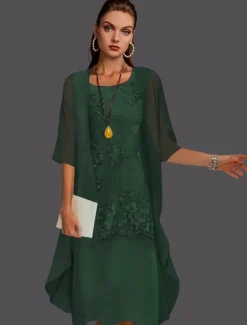 Beach Wedding Two Piece Sheath Mother of the Bride Dress Wedding Guest Elegant Jewel Neck Tea Length Chiffon Lace Sleeveless Jacket Dresses with Appliques free custom size