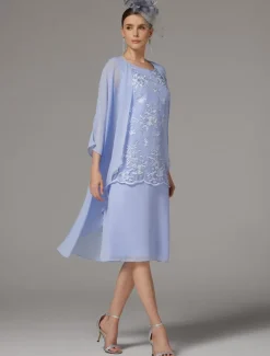 Beach Wedding Two Piece Sheath Mother of the Bride Dress Wedding Guest Elegant Jewel Neck Tea Length Chiffon Lace Sleeveless Jacket Dresses with Appliques free custom size