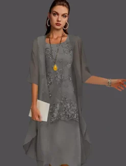 Beach Wedding Two Piece Sheath Mother of the Bride Dress Wedding Guest Elegant Jewel Neck Tea Length Chiffon Lace Sleeveless Jacket Dresses with Appliques free custom size