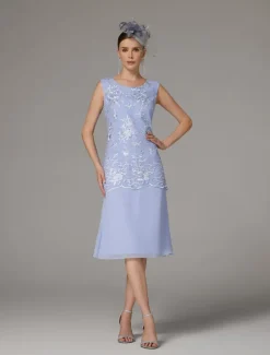 Beach Wedding Two Piece Sheath Mother of the Bride Dress Wedding Guest Elegant Jewel Neck Tea Length Chiffon Lace Sleeveless Jacket Dresses with Appliques free custom size