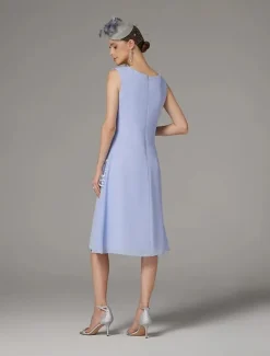 Beach Wedding Two Piece Sheath Mother of the Bride Dress Wedding Guest Elegant Jewel Neck Tea Length Chiffon Lace Sleeveless Jacket Dresses with Appliques free custom size