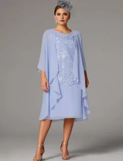 Beach Wedding Two Piece Sheath Mother of the Bride Dress Wedding Guest Elegant Jewel Neck Tea Length Chiffon Lace Sleeveless Jacket Dresses with Appliques free custom size