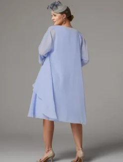 Beach Wedding Two Piece Sheath Mother of the Bride Dress Wedding Guest Elegant Jewel Neck Tea Length Chiffon Lace Sleeveless Jacket Dresses with Appliques free custom size