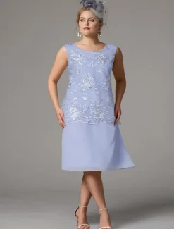 Beach Wedding Two Piece Sheath Mother of the Bride Dress Wedding Guest Elegant Jewel Neck Tea Length Chiffon Lace Sleeveless Jacket Dresses with Appliques free custom size