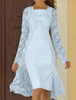 Beach Wedding Two Piece Sheath Mother of the Bride Dress Wedding Guest Church Elegant Square Neck Knee Length Chiffon Lace Sleeveless Jacket Dresses with Solid Color free custom size