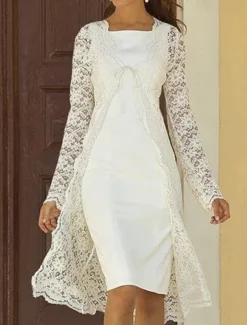 Beach Wedding Two Piece Sheath Mother of the Bride Dress Wedding Guest Church Elegant Square Neck Knee Length Chiffon Lace Sleeveless Jacket Dresses with Solid Color free custom size
