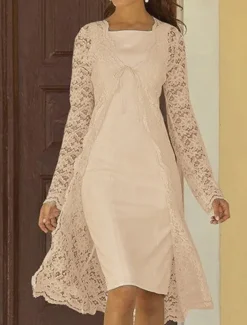Beach Wedding Two Piece Sheath Mother of the Bride Dress Wedding Guest Church Elegant Square Neck Knee Length Chiffon Lace Sleeveless Jacket Dresses with Solid Color free custom size