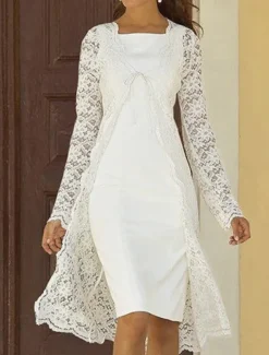 Beach Wedding Two Piece Sheath Mother of the Bride Dress Wedding Guest Church Elegant Square Neck Knee Length Chiffon Lace Sleeveless Jacket Dresses with Solid Color free custom size
