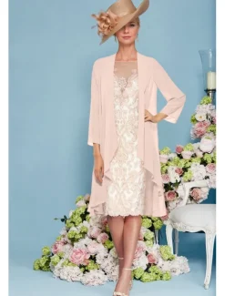 Beach Wedding Two Piece Sheath Mother of the Bride Dress Elegant Jewel Neck Knee Length Chiffon Lace 3/4 Length Sleeve Wrap Included Jacket Dresses with Beading Appliques free custom size