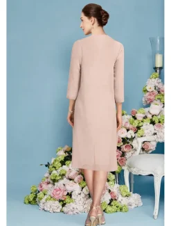 Beach Wedding Two Piece Sheath Mother of the Bride Dress Elegant Jewel Neck Knee Length Chiffon Lace 3/4 Length Sleeve Wrap Included Jacket Dresses with Beading Appliques free custom size