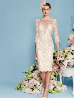 Beach Wedding Two Piece Sheath Mother of the Bride Dress Elegant Jewel Neck Knee Length Chiffon Lace 3/4 Length Sleeve Wrap Included Jacket Dresses with Beading Appliques free custom size