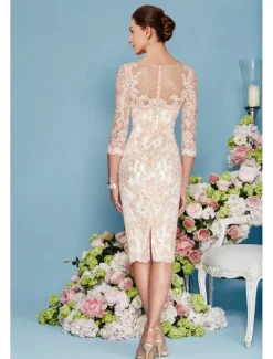 Beach Wedding Two Piece Sheath Mother of the Bride Dress Elegant Jewel Neck Knee Length Chiffon Lace 3/4 Length Sleeve Wrap Included Jacket Dresses with Beading Appliques free custom size