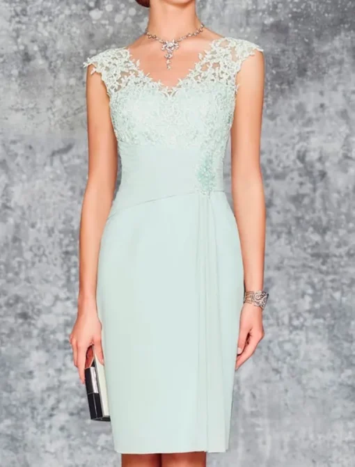 Beach Wedding Two Piece Sheath Mother of the Bride Dress Wedding Guest Church Elegant V Neck Knee Length Chiffon 3/4 Length Sleeve with Embroidery free custom size