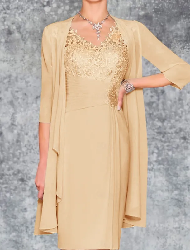 Beach Wedding Two Piece Sheath Mother of the Bride Dress Wedding Guest Church Elegant V Neck Knee Length Chiffon 3/4 Length Sleeve with Embroidery free custom size