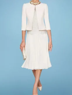 Beach Wedding Two Piece Sheath Mother of the Bride Dress Wedding Guest Church Elegant Jewel Chiffon Satin Lace Short Jacket Dresses with Appliques Race Day Dress