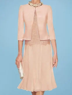 Beach Wedding Two Piece Sheath Mother of the Bride Dress Wedding Guest Church Elegant Jewel Chiffon Satin Lace Short Jacket Dresses with Appliques Race Day Dress