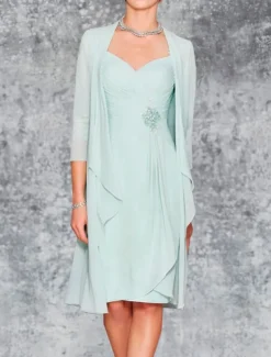 Beach Wedding Two Piece Sheath Mother of the Bride Dress Wedding Guest Elegant Plus Size Sweetheart Knee Length Chiffon Lace 3/4 Length Sleeve Wrap Included Jacket Dresses with Pleats Embroidery