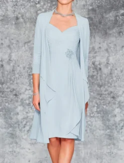 Beach Wedding Two Piece Sheath Mother of the Bride Dress Wedding Guest Elegant Plus Size Sweetheart Knee Length Chiffon Lace 3/4 Length Sleeve Wrap Included Jacket Dresses with Pleats Embroidery
