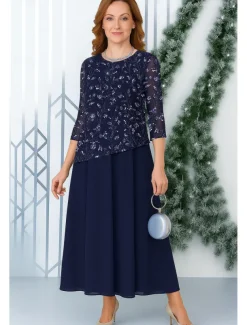 Bead Lace A-Line Mother of the Bride Dress Elegant Poncho Style Simple Minimalist Boat Neck Floor Length Chiffon Beaded Lace 3/4 Length Sleeve