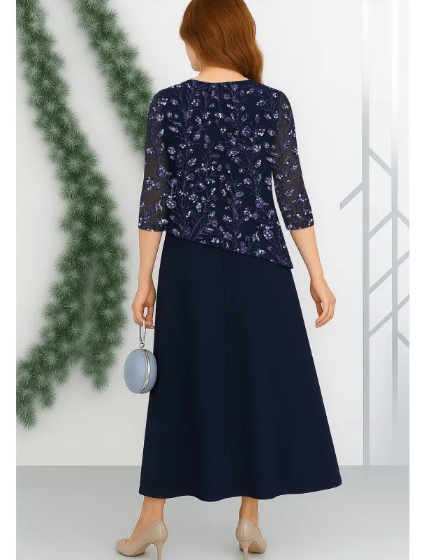 Bead Lace A-Line Mother of the Bride Dress Elegant Poncho Style Simple Minimalist Boat Neck Floor Length Chiffon Beaded Lace 3/4 Length Sleeve