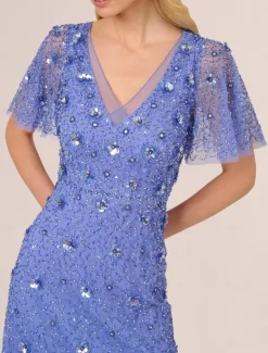 Beaded A-Line Dress Mother of the Bride Wedding Elegant Vintage V Neck Floor Length Lace Short Sleeve with Lace Sequin