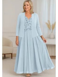 Beaded Lace Two Piece A-Line Mother of the Bride Dress Elegant Simple Luxurious V Neck Floor Length Maxi Length Chiffon Short Sleeve with Stretch Crepe Jacket