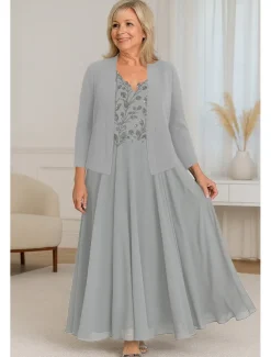 Beaded Lace Two Piece A-Line Mother of the Bride Dress Elegant Simple Luxurious V Neck Floor Length Maxi Length Chiffon Short Sleeve with Stretch Crepe Jacket