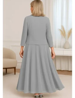 Beaded Lace Two Piece A-Line Mother of the Bride Dress Elegant Simple Luxurious V Neck Floor Length Maxi Length Chiffon Short Sleeve with Stretch Crepe Jacket