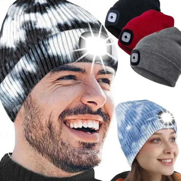 Beanie Hat Unisex with Light USB Rechargeable 4 LEDs Beanie Warm Knit Hat for Dad Father Men Women Husband Knitted Cap Christmas Gifts