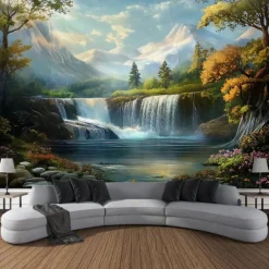 Beautiful Lake Waterfall Plant Landscape Hanging Tapestry Wall Art Large Tapestry Mural Decor Photograph Backdrop Blanket Curtain Home Bedroom Living Room Decoration