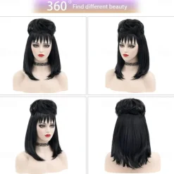 Beetlejuice 2 Lydia Deetz Cosplay Costume Party Wig Bride Fluffy Buns Curly Women'S Black Medium Long Straight Beetle Wig With Bangs Carnival Costume Accessories Halloween Wigs