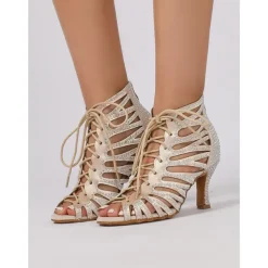 Beige Crystal-Embellished Lace-Up Dance Boots for Women – Rhinestone Detailed Design, Open-Toe, Ideal for Dance Events, Performances, and Special Occasions