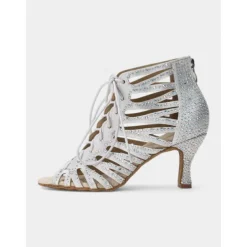 Beige Crystal-Embellished Lace-Up Dance Boots for Women – Rhinestone Detailed Design, Open-Toe, Ideal for Dance Events, Performances, and Special Occasions