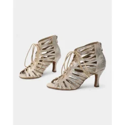 Beige Crystal-Embellished Lace-Up Dance Boots for Women – Rhinestone Detailed Design, Open-Toe, Ideal for Dance Events, Performances, and Special Occasions