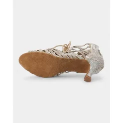 Beige Crystal-Embellished Lace-Up Dance Boots for Women – Rhinestone Detailed Design, Open-Toe, Ideal for Dance Events, Performances, and Special Occasions