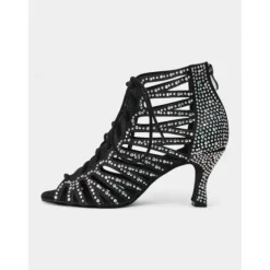 Beige Crystal-Embellished Lace-Up Dance Boots for Women – Rhinestone Detailed Design, Open-Toe, Ideal for Dance Events, Performances, and Special Occasions